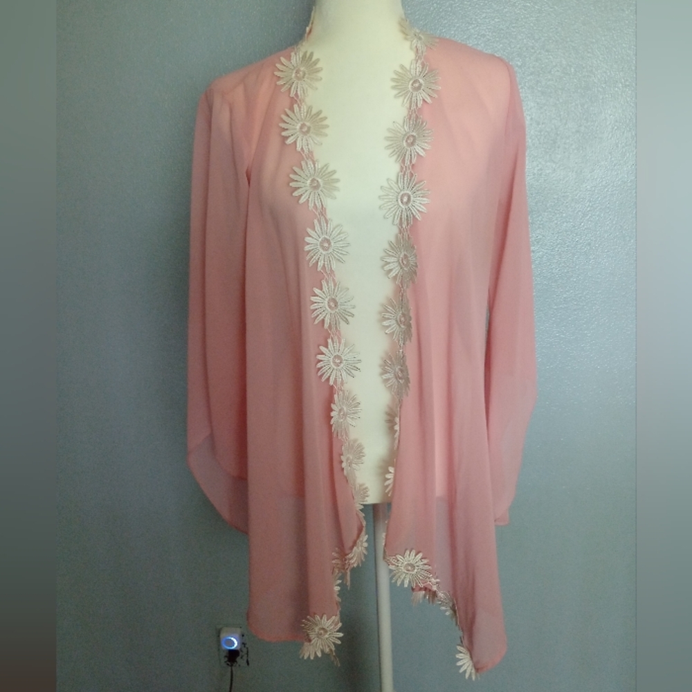 Boho Festival Daisy Trim Pink Sheer Coverup Kimono Top OS Fits All